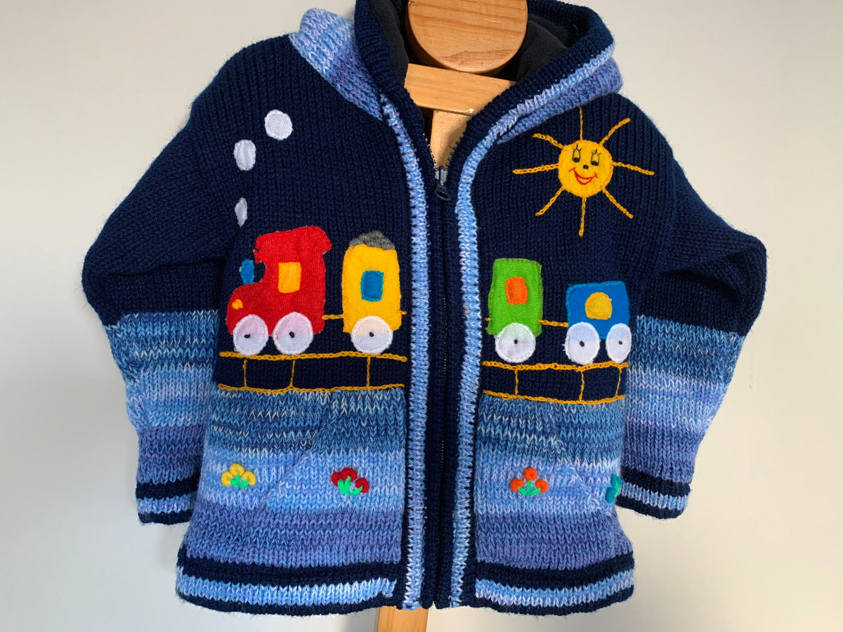 Navy & Sky Blue Train Appliqué Kids Cardigan, photo 3