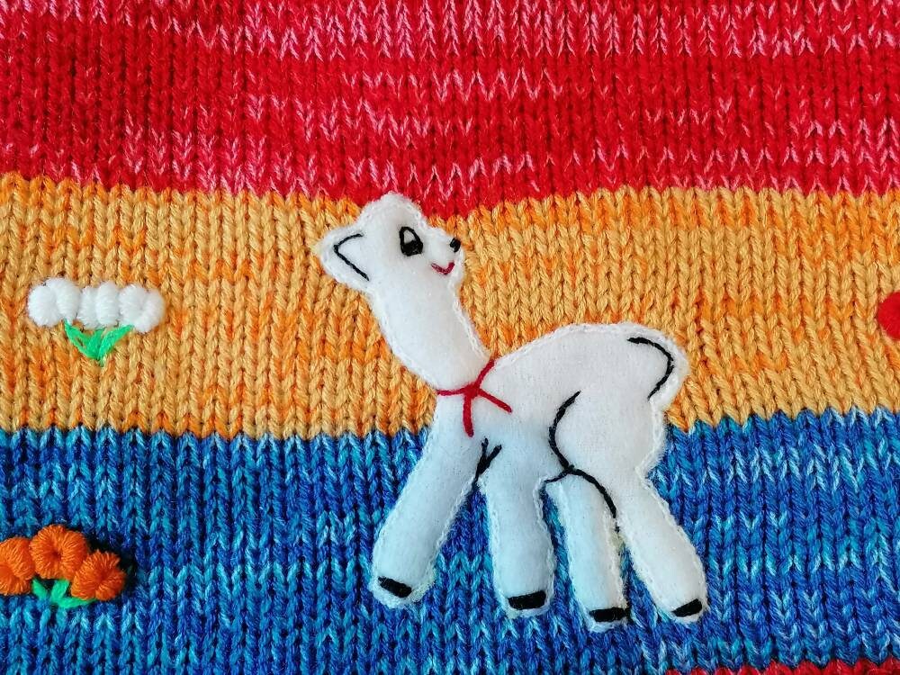 Red Rainbow Marl Pixie Hood Hand-Embroidered Kids Cardigan, photo 4