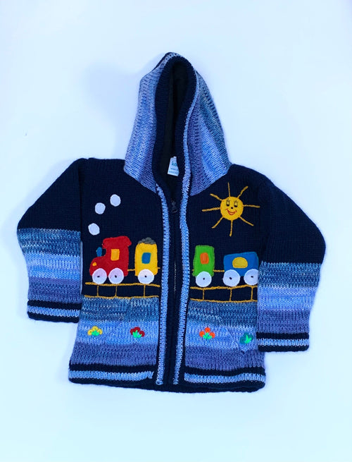 Navy & Sky Blue Train Appliqué Kids Cardigan