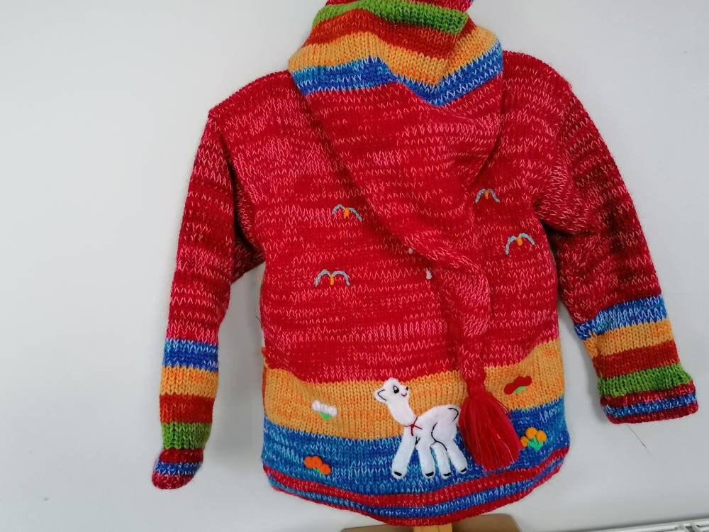 Red Rainbow Marl Pixie Hood Hand-Embroidered Kids Cardigan, photo 2
