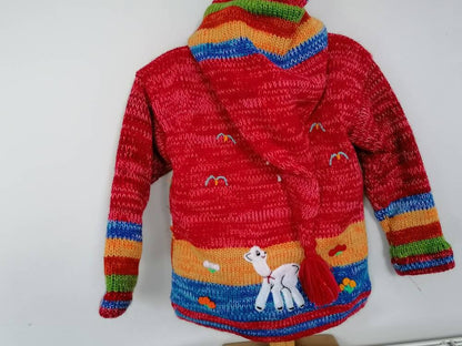 Red Rainbow Marl Pixie Hood Hand-Embroidered Kids Cardigan, photo 2