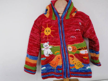 Red Rainbow Marl Pixie Hood Hand-Embroidered Kids Cardigan