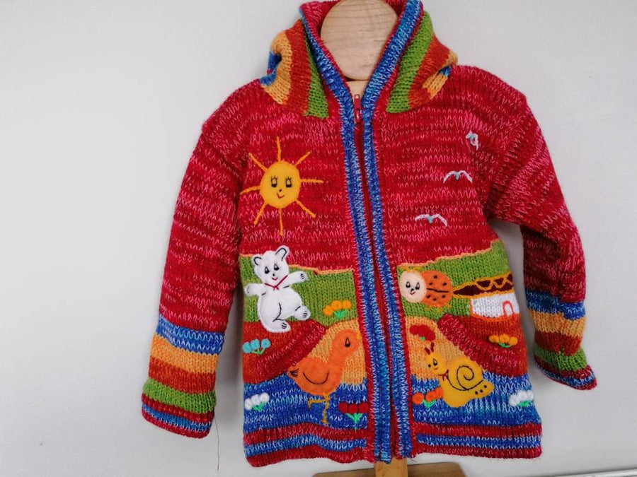 Red Rainbow Marl Pixie Hood Hand-Embroidered Kids Cardigan
