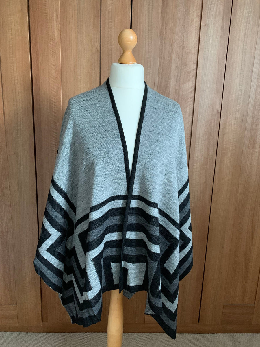 Grey & Black Geometric Baby Alpaca Ruana Wrap