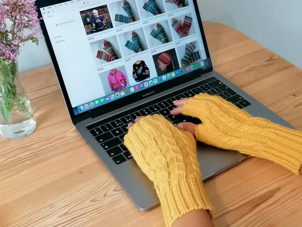 Mustard Cable Knit Alpaca Fingerless Gloves, photo 5
