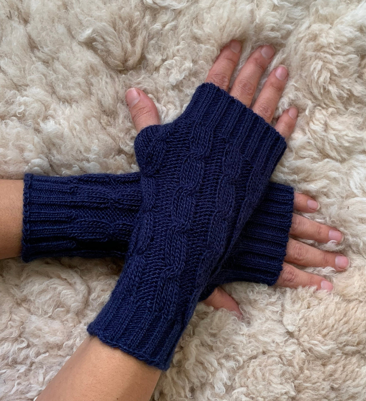 Navy Blue Cable Knit Alpaca Fingerless Gloves, photo 3