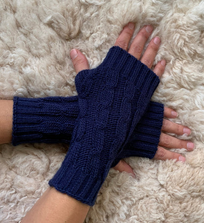 Navy Blue Cable Knit Alpaca Fingerless Gloves, photo 3