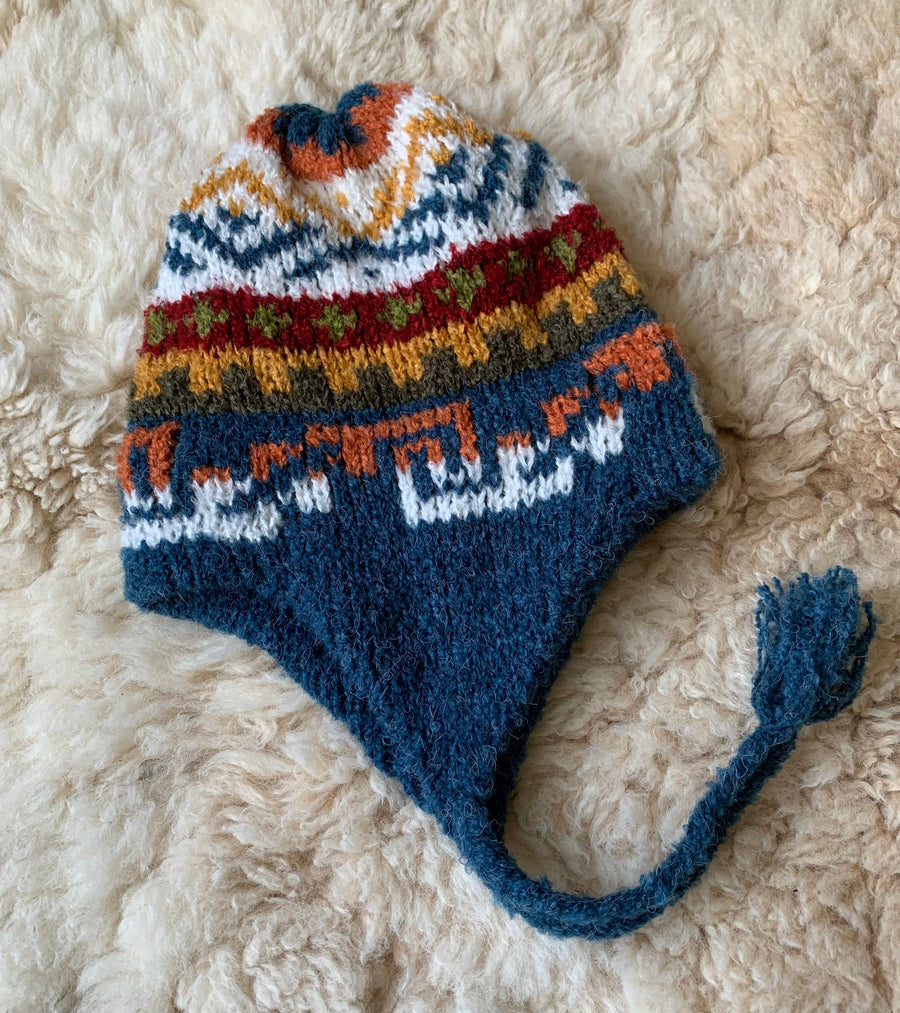Denim Blue Peruvian Alpaca Chullo Hat with Ear Flaps