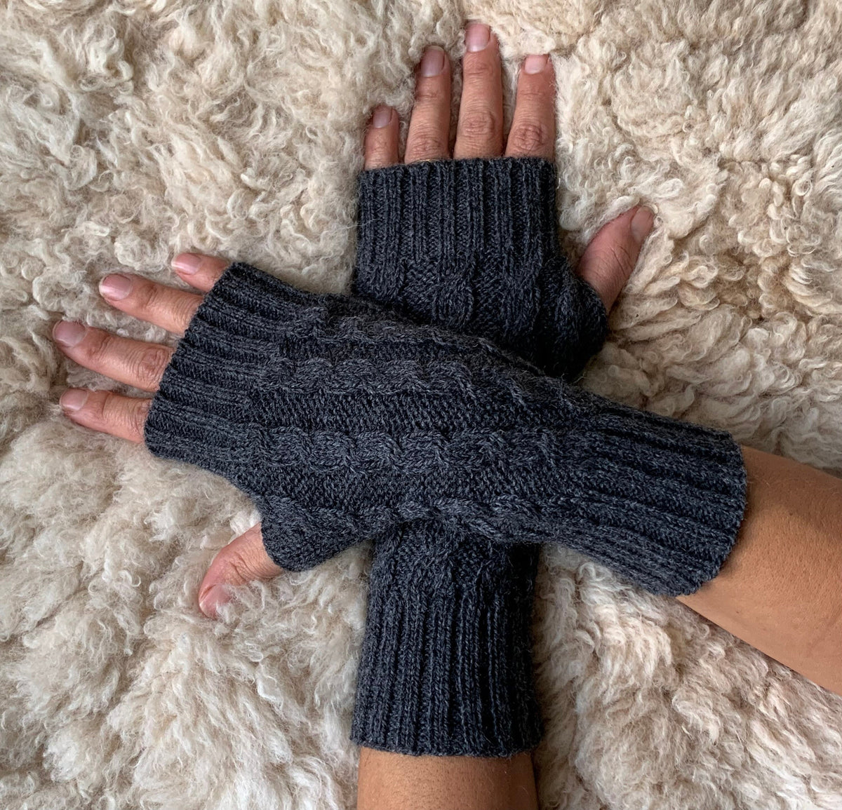 Charcoal Grey Cable Knit Alpaca Fingerless Gloves, photo 5