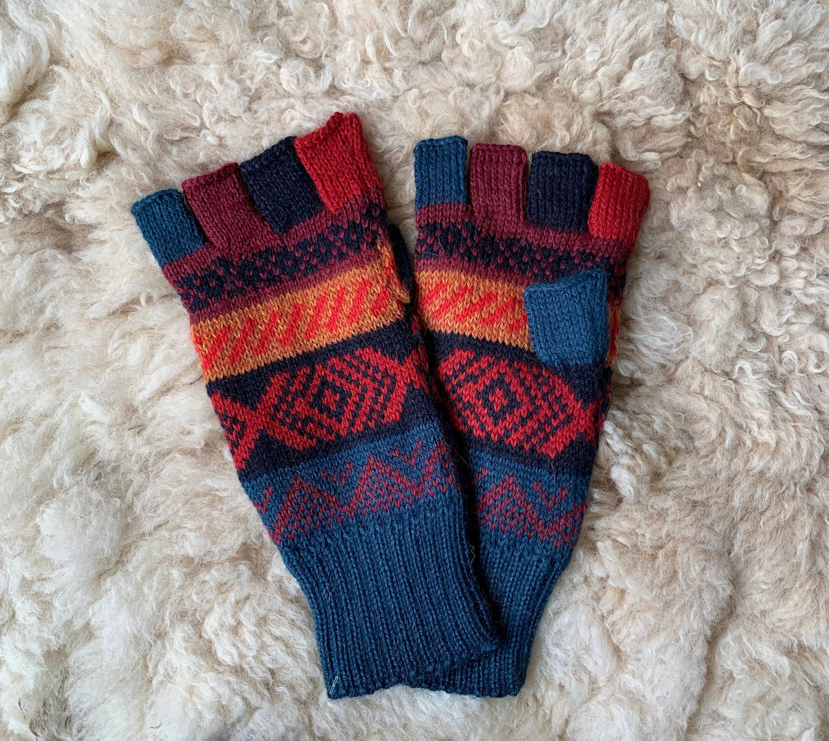Multicolour Andean Fair Isle Alpaca Fingerless Gloves