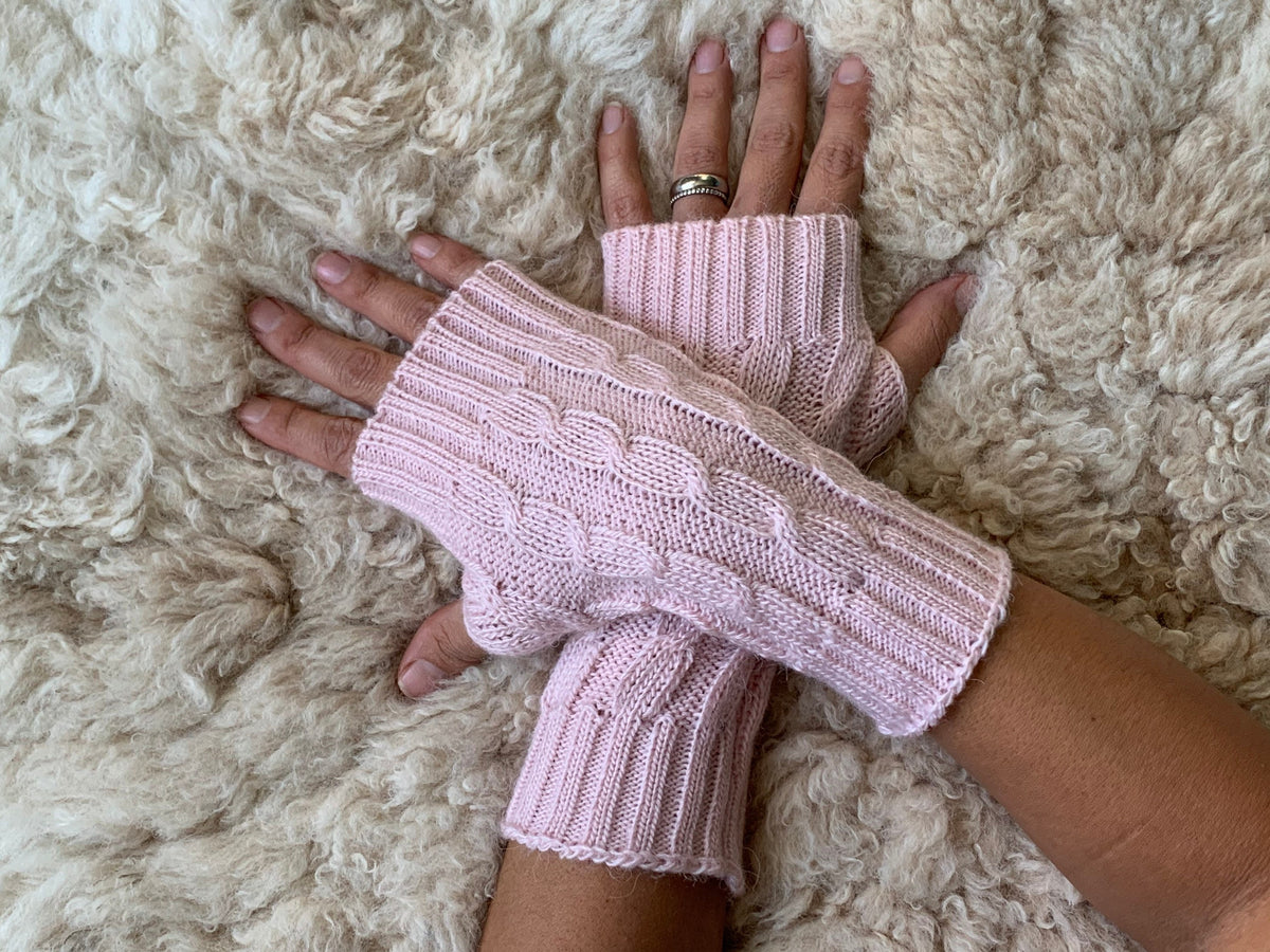 Baby Pink Cable Knit Alpaca Fingerless Gloves, photo 3