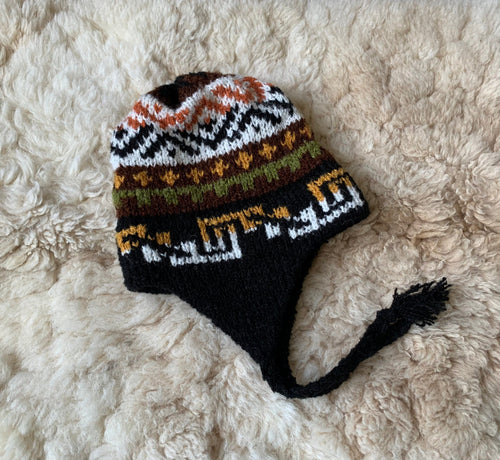 Black Peruvian Alpaca Chullo Hat with Ear Flaps