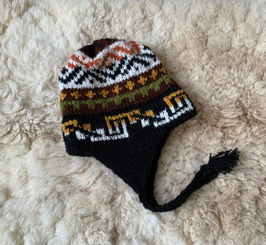 Black Peruvian Alpaca Chullo Hat with Ear Flaps