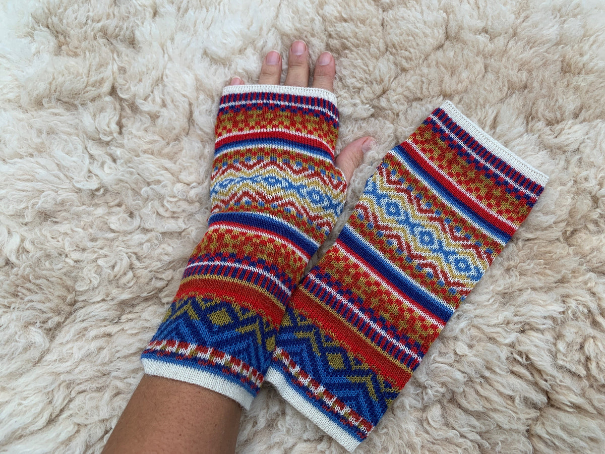 Red & Royal Blue Fair Isle Baby Alpaca Fingerless Gloves, photo 6