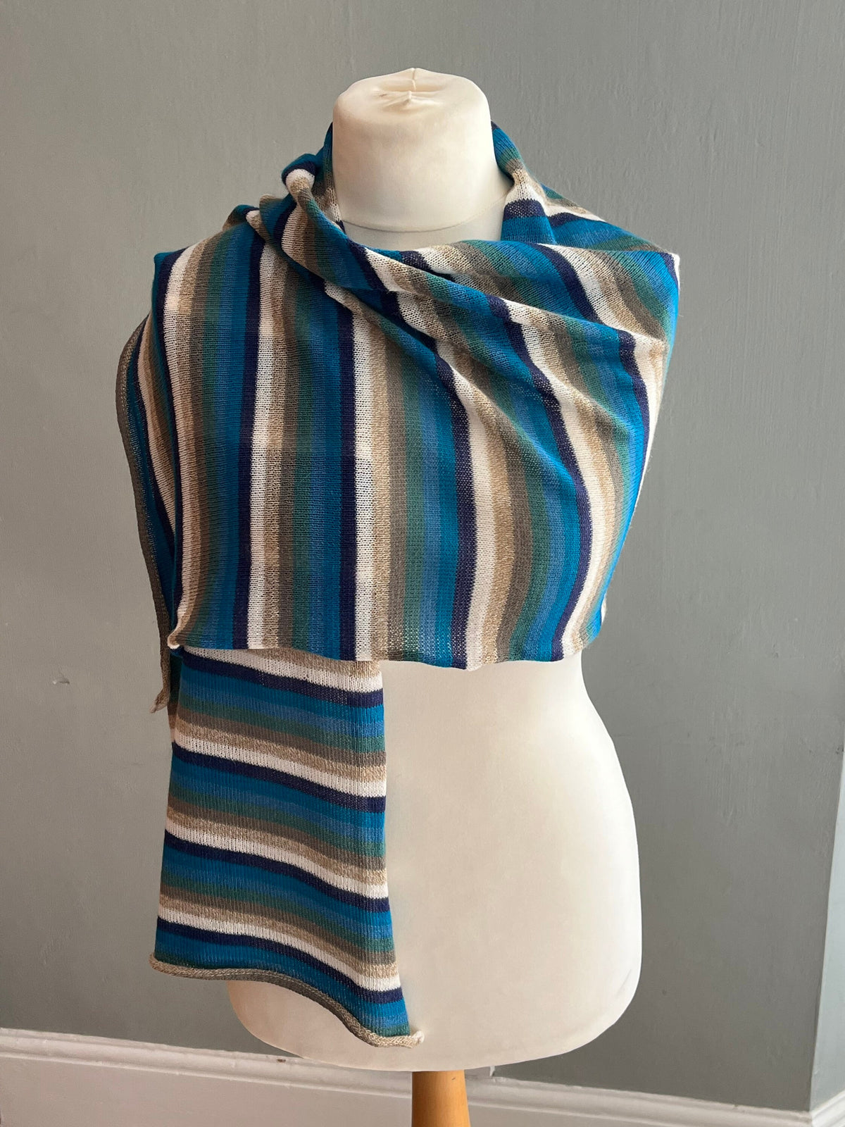 Teal & Oatmeal Stripe Lightweight Baby Alpaca Summer Shawl, photo 5