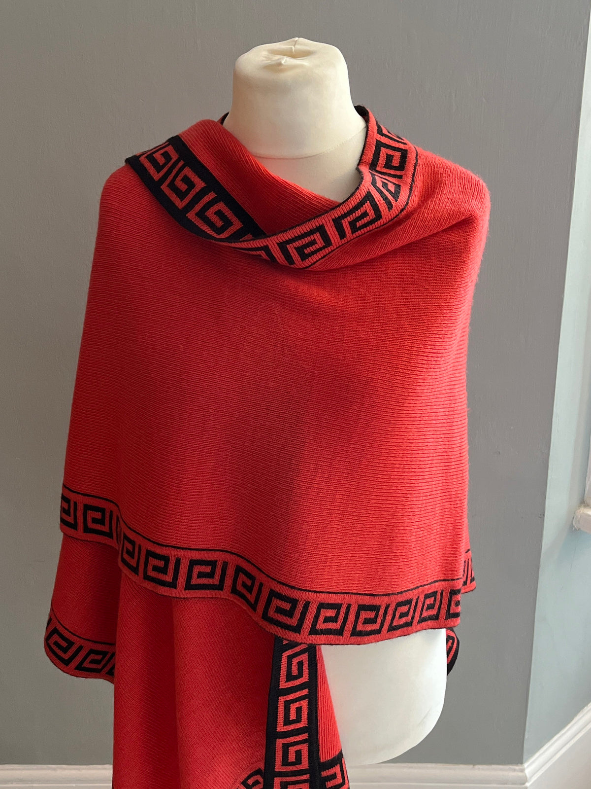 Coral Greek Key Alpaca Blend Ruana Wrap, photo 2