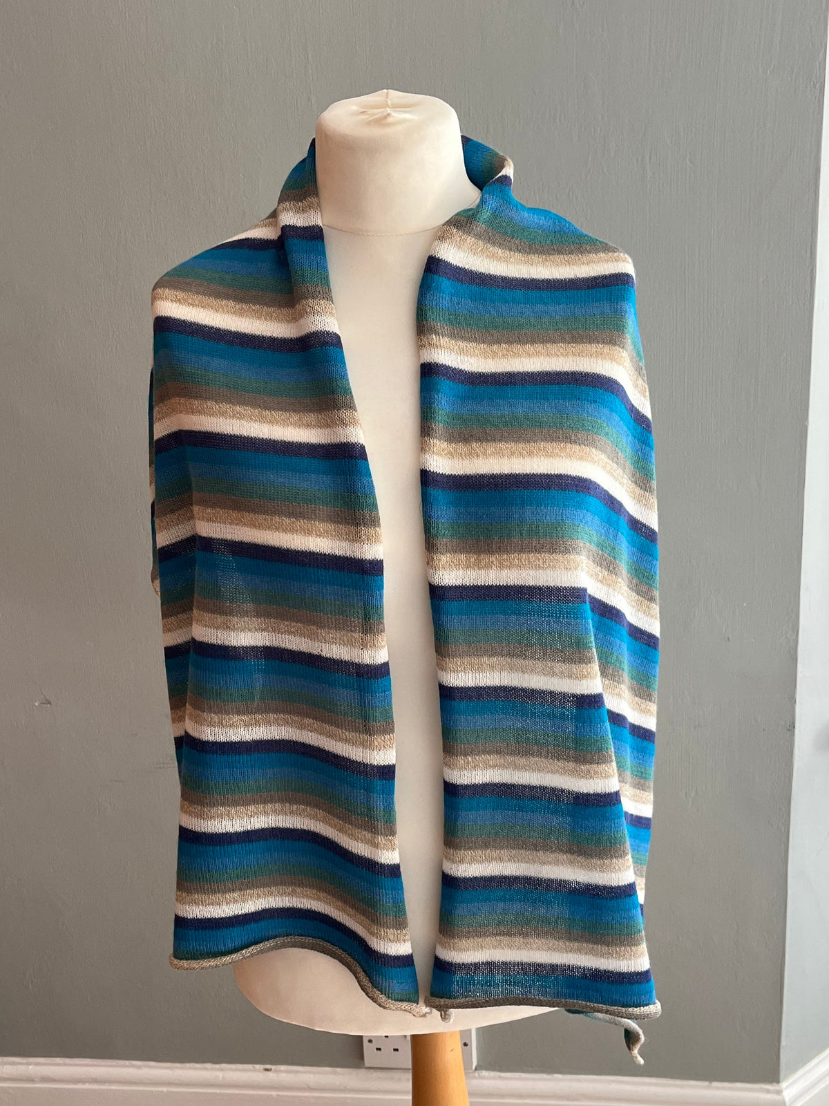 Teal & Oatmeal Stripe Lightweight Baby Alpaca Summer Shawl, photo 4