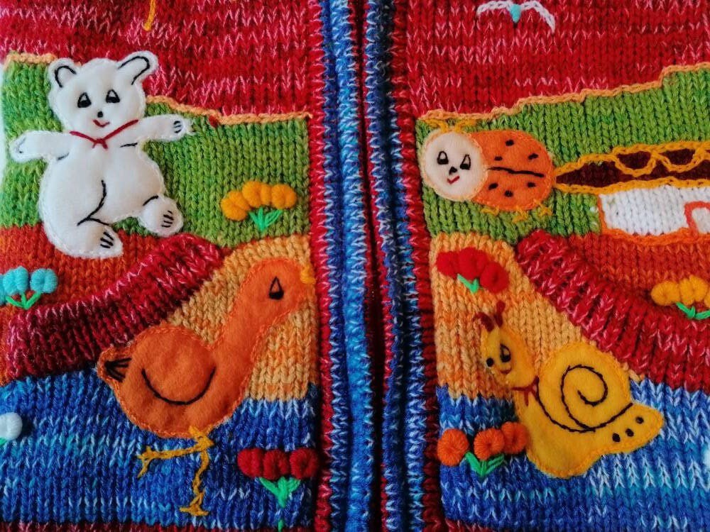 Red Rainbow Marl Pixie Hood Hand-Embroidered Kids Cardigan, photo 3