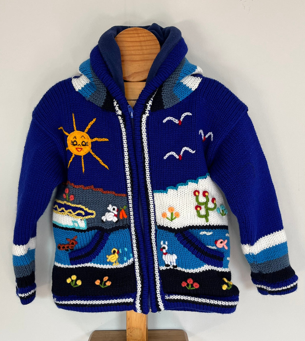 Electric Blue Hand-Embroidered Fleece-Lined Kids Cardigan