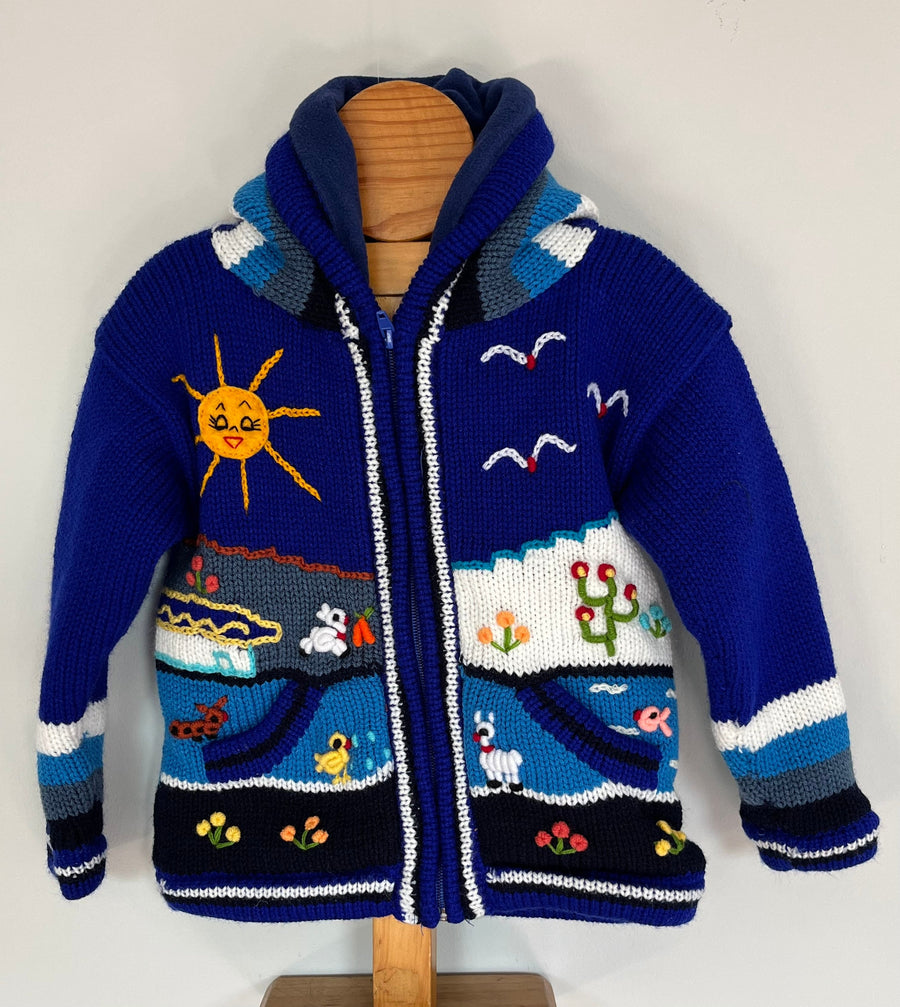 Electric Blue Hand-Embroidered Fleece-Lined Kids Cardigan