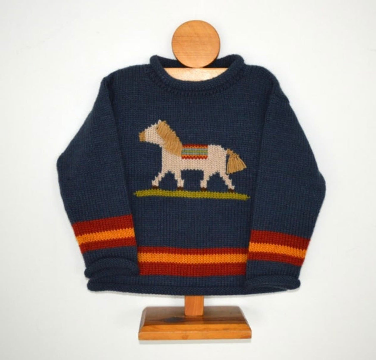 Navy Horse Hand-Embroidered Alpaca Kids Jumper