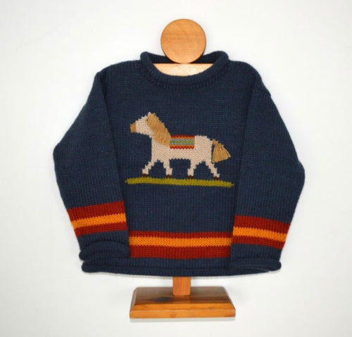 Navy Horse Hand-Embroidered Alpaca Kids Jumper