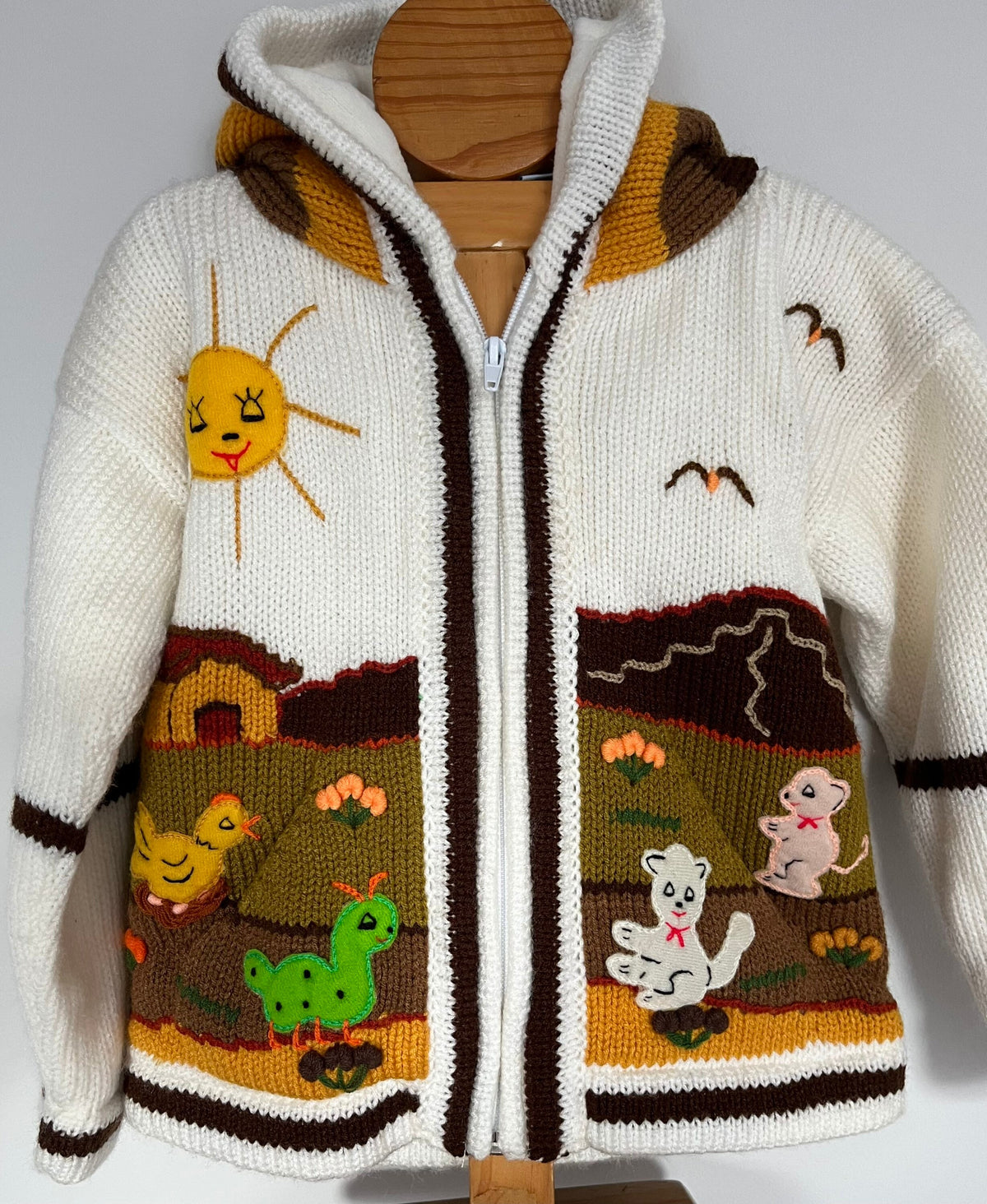 Cream & Chocolate Pixie Hood Hand-Embroidered Kids Cardigan, photo 3