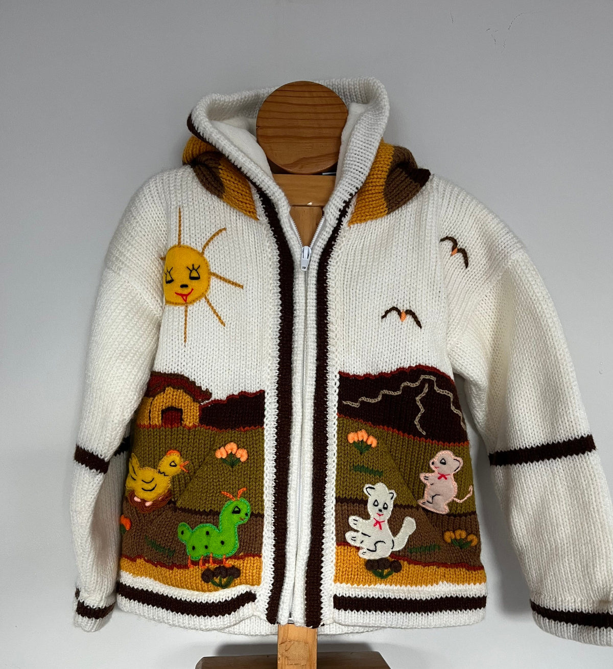 Cream & Chocolate Pixie Hood Hand-Embroidered Kids Cardigan