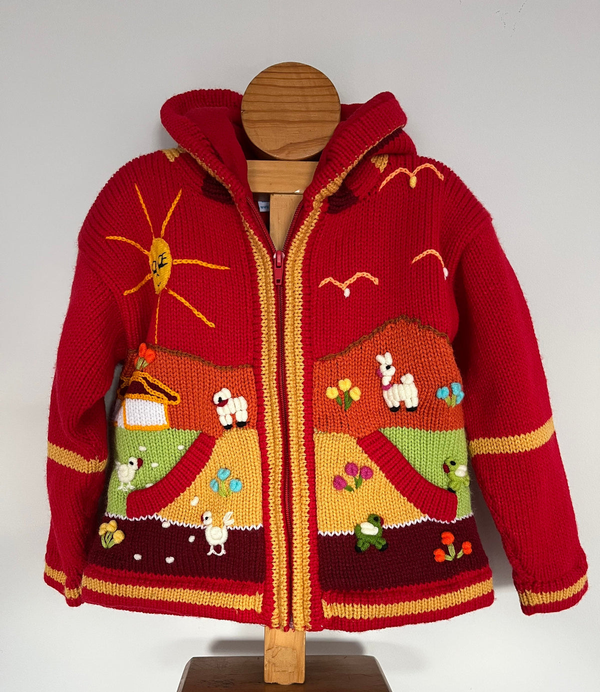 Poppy Red Pixie Hood Hand-Embroidered Kids Cardigan