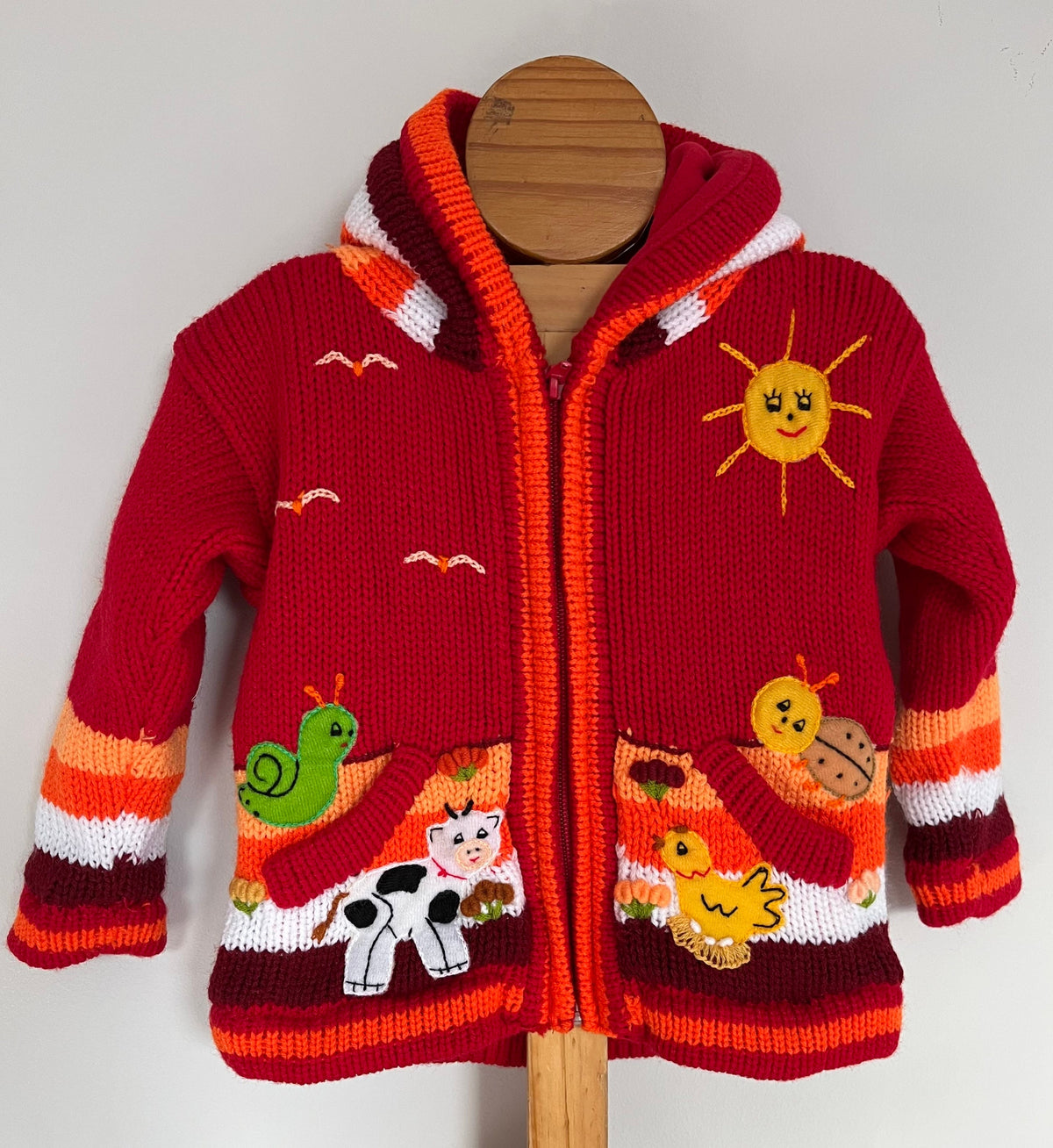 Red & Orange Hand-Embroidered Fleece-Lined Kids Cardigan