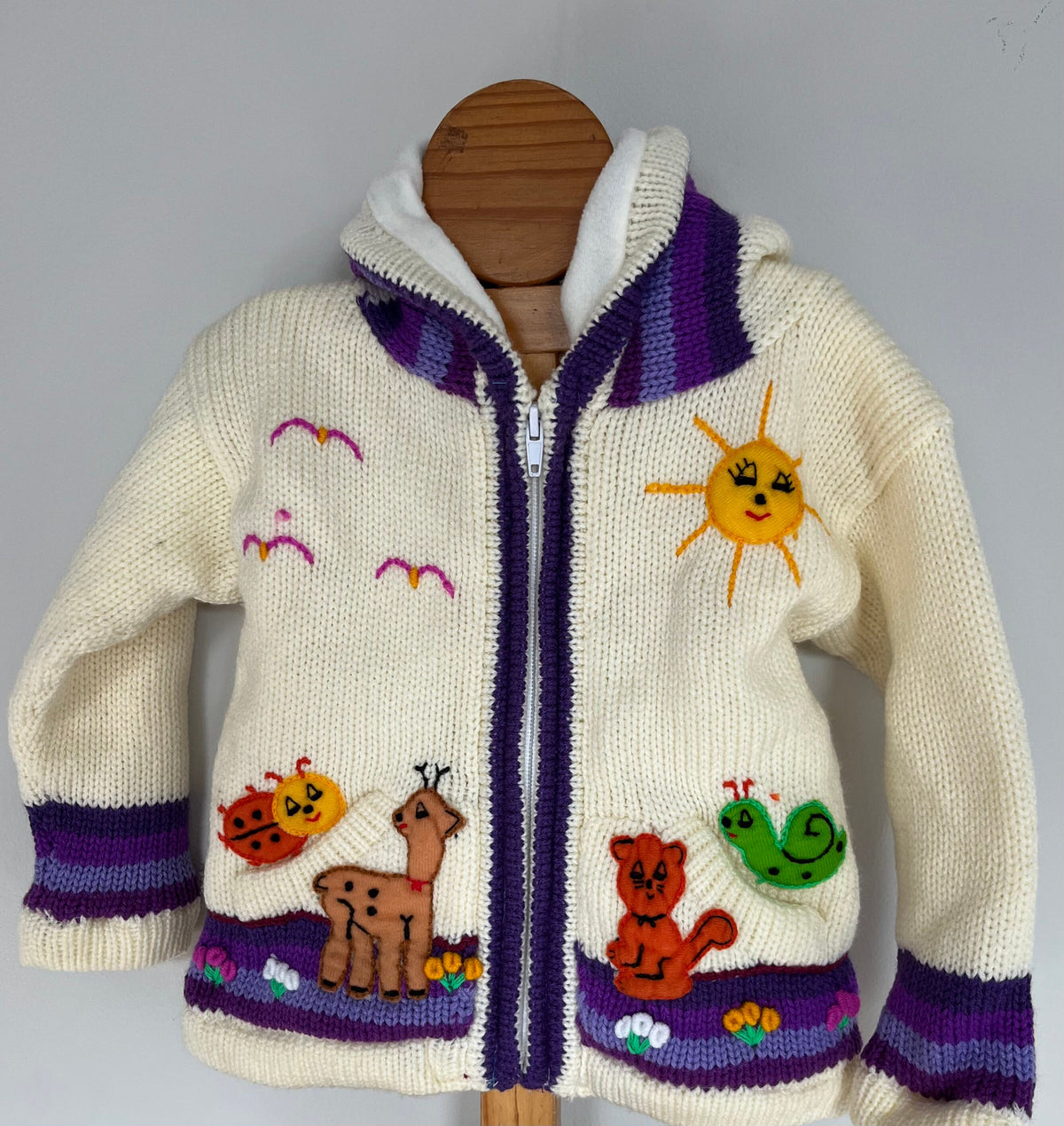 Cream & Purple Hand-Embroidered Fleece-Lined Kids Cardigan, photo 4