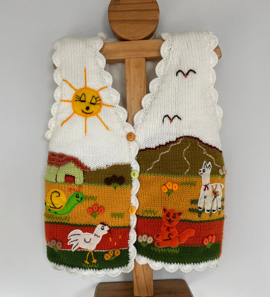 Cream Farm Scene Hand-Embroidered Kids Waistcoat