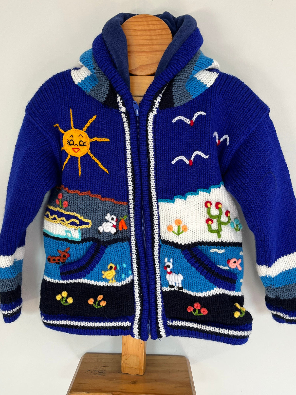 Electric Blue Hand-Embroidered Fleece-Lined Kids Cardigan, photo 3