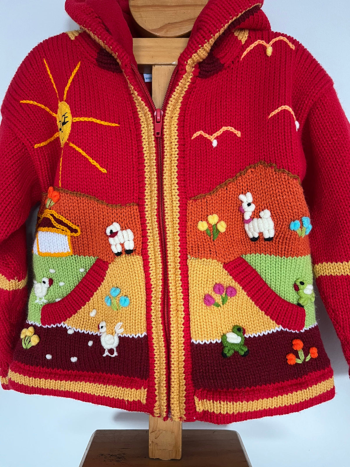 Poppy Red Pixie Hood Hand-Embroidered Kids Cardigan, photo 3