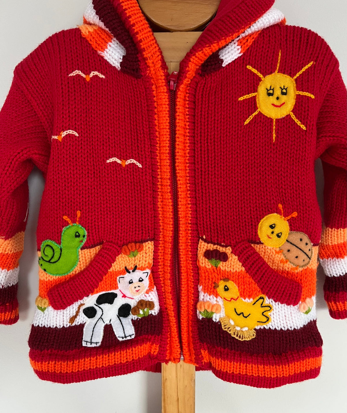 Red & Orange Hand-Embroidered Fleece-Lined Kids Cardigan, photo 3