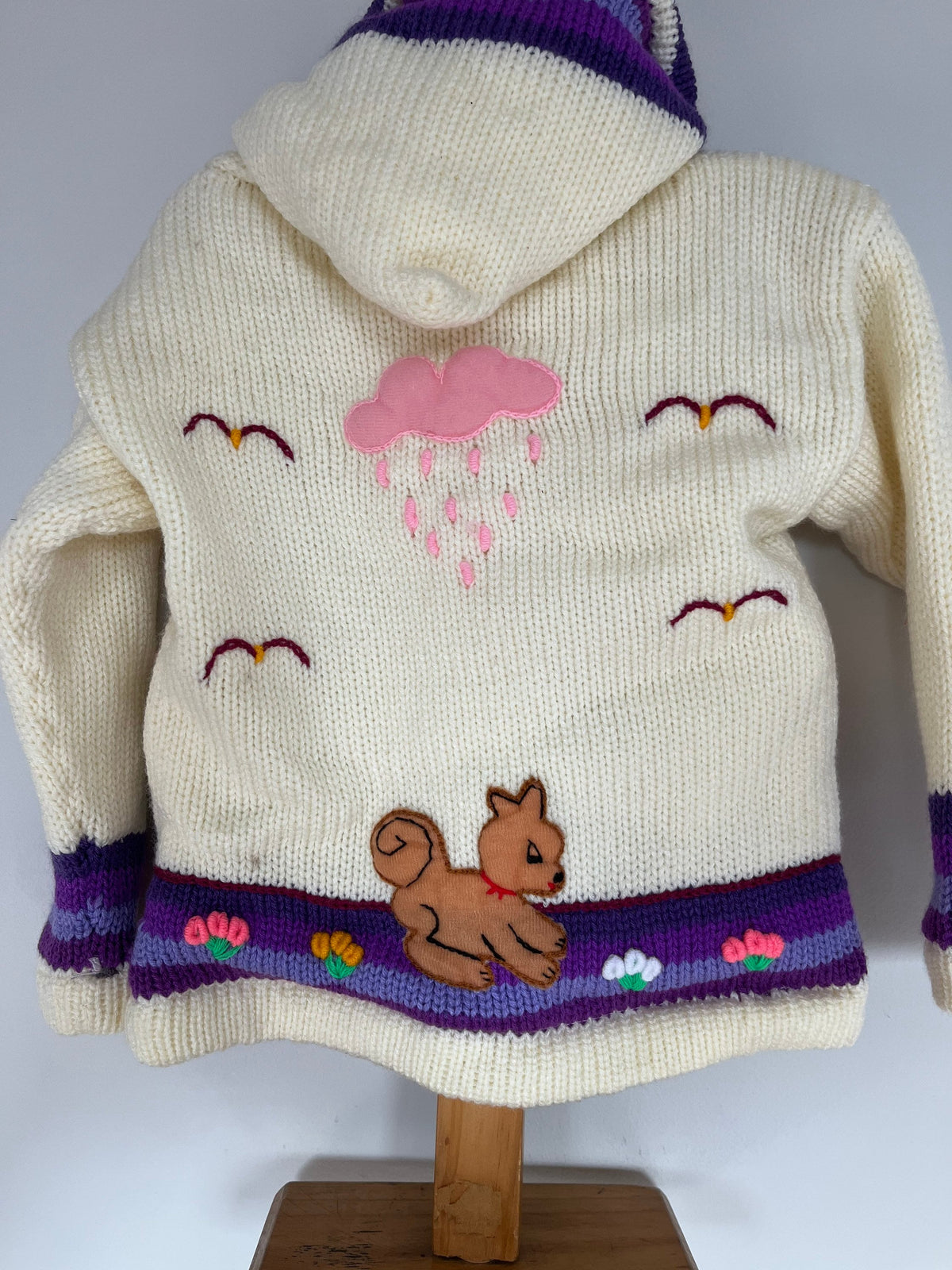 Cream & Purple Hand-Embroidered Fleece-Lined Kids Cardigan, photo 3