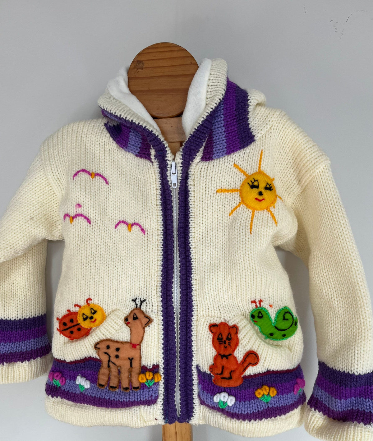 Cream & Purple Hand-Embroidered Fleece-Lined Kids Cardigan
