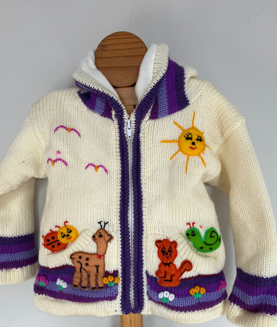 Cream & Purple Hand-Embroidered Fleece-Lined Kids Cardigan