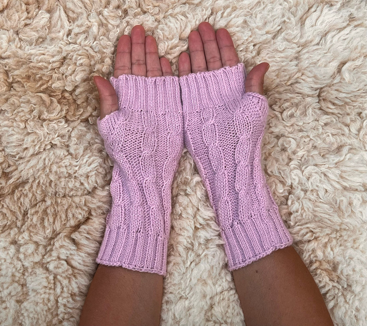 Pale Lilac Pink Cable Knit Alpaca Fingerless Gloves, photo 4