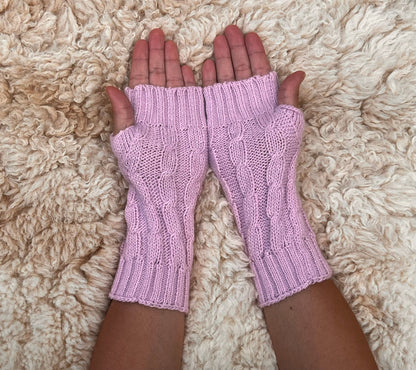 Pale Lilac Pink Cable Knit Alpaca Fingerless Gloves, photo 4