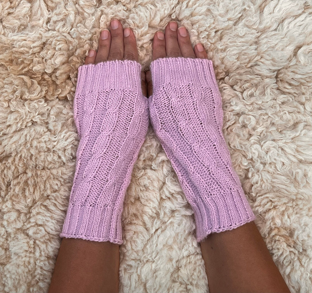 Pale Lilac Pink Cable Knit Alpaca Fingerless Gloves, photo 2