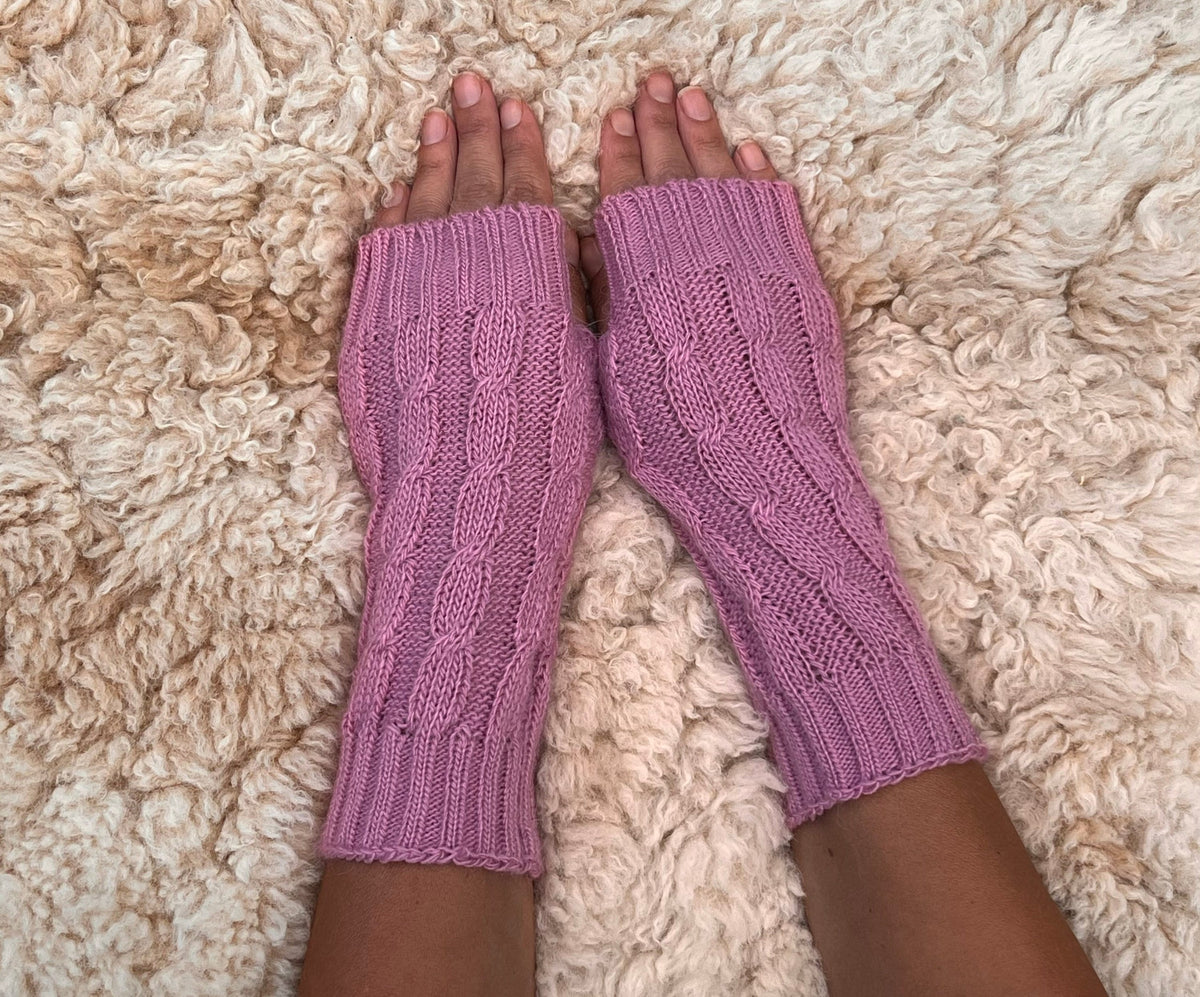 Rose Pink Cable Knit Alpaca Fingerless Gloves, photo 6