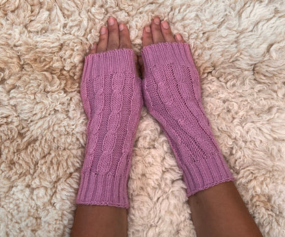 Rose Pink Cable Knit Alpaca Fingerless Gloves, photo 6