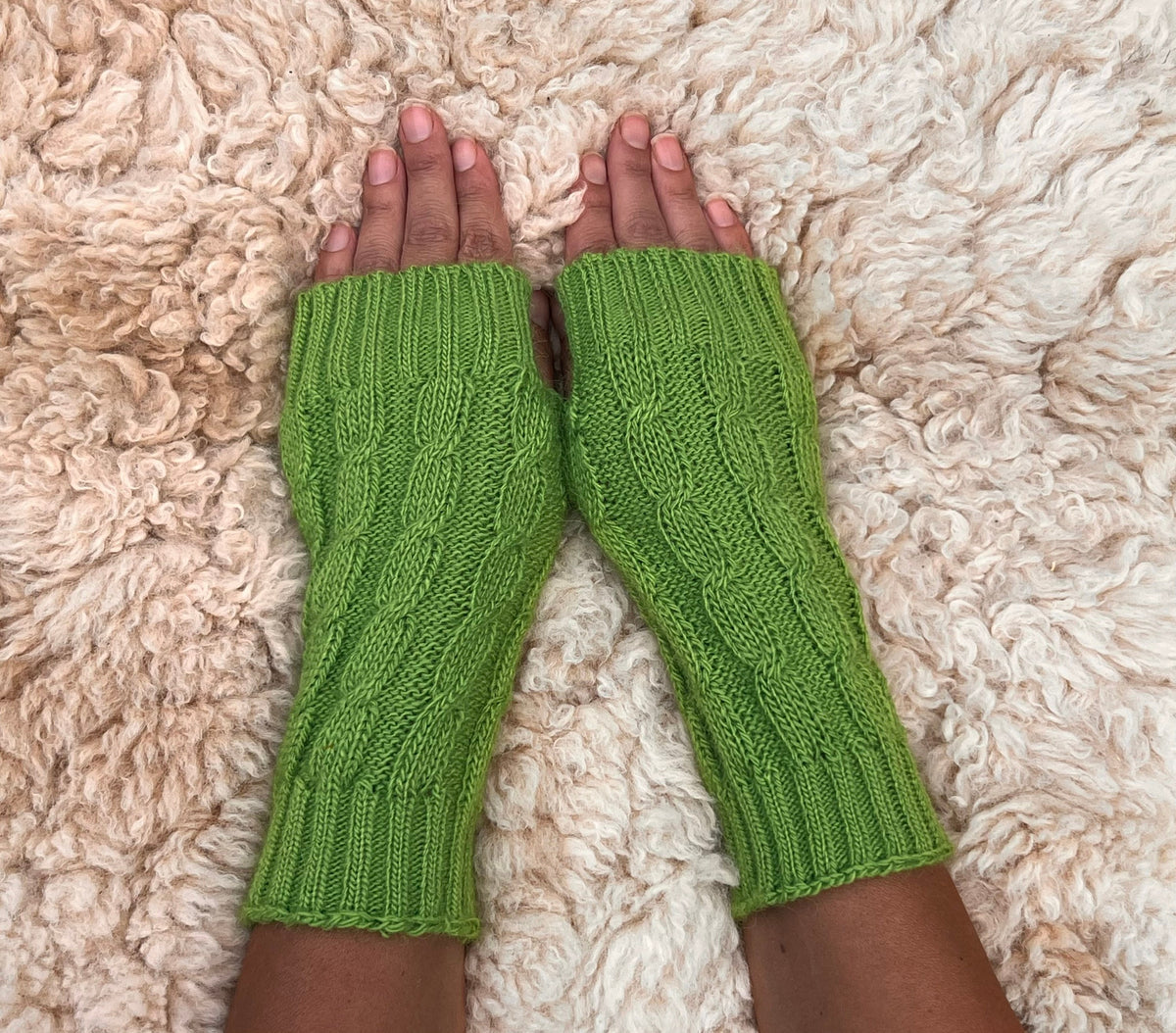 Apple Green Cable Knit Alpaca Fingerless Gloves, photo 6