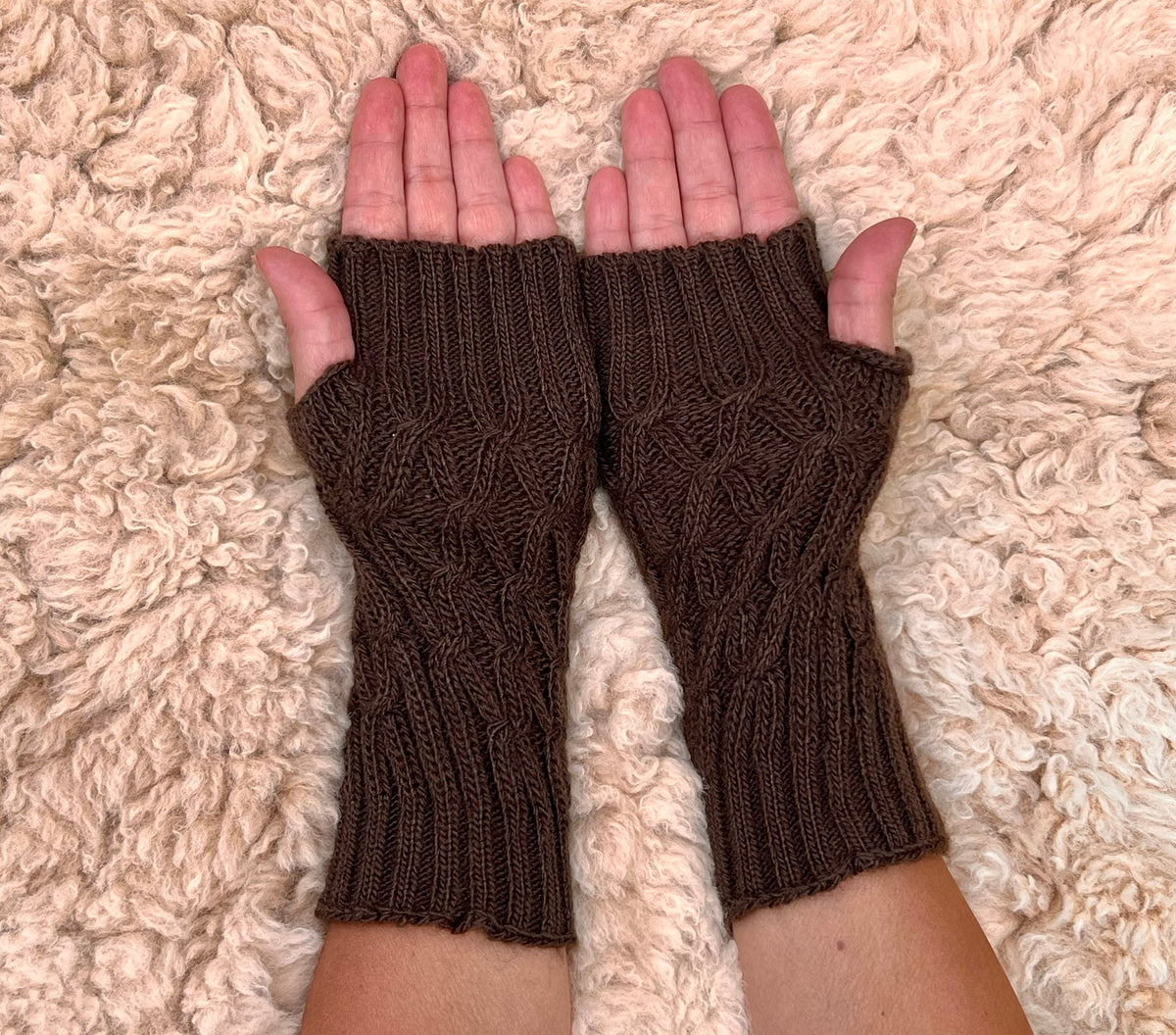 Chocolate Brown Cable Knit Alpaca Fingerless Gloves, photo 4