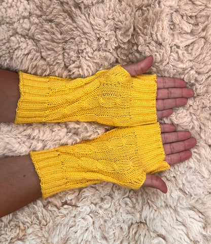 Sunshine Yellow Cable Knit Alpaca Fingerless Gloves, photo 5