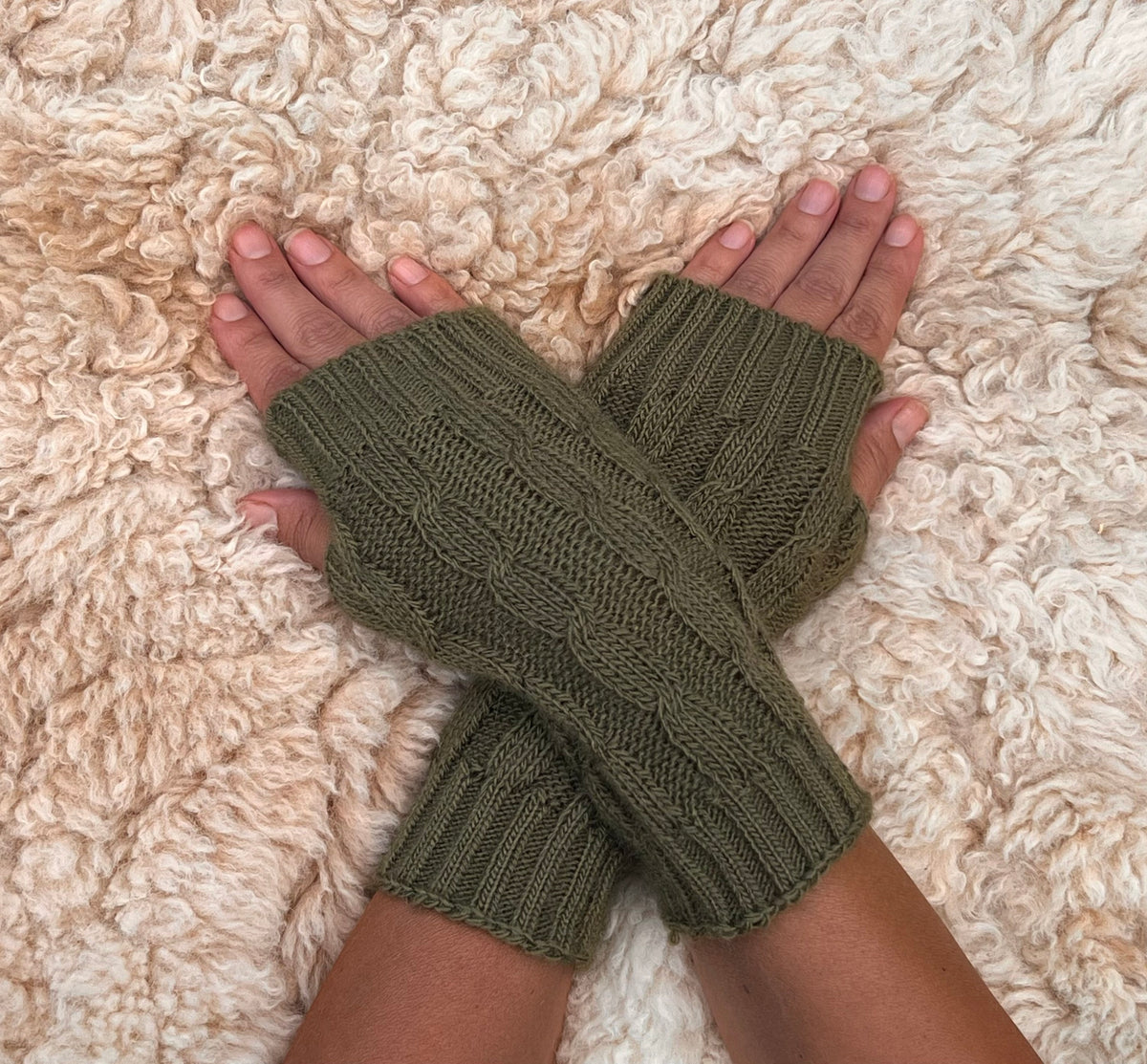 Olive Green Cable Knit Alpaca Fingerless Gloves, photo 3
