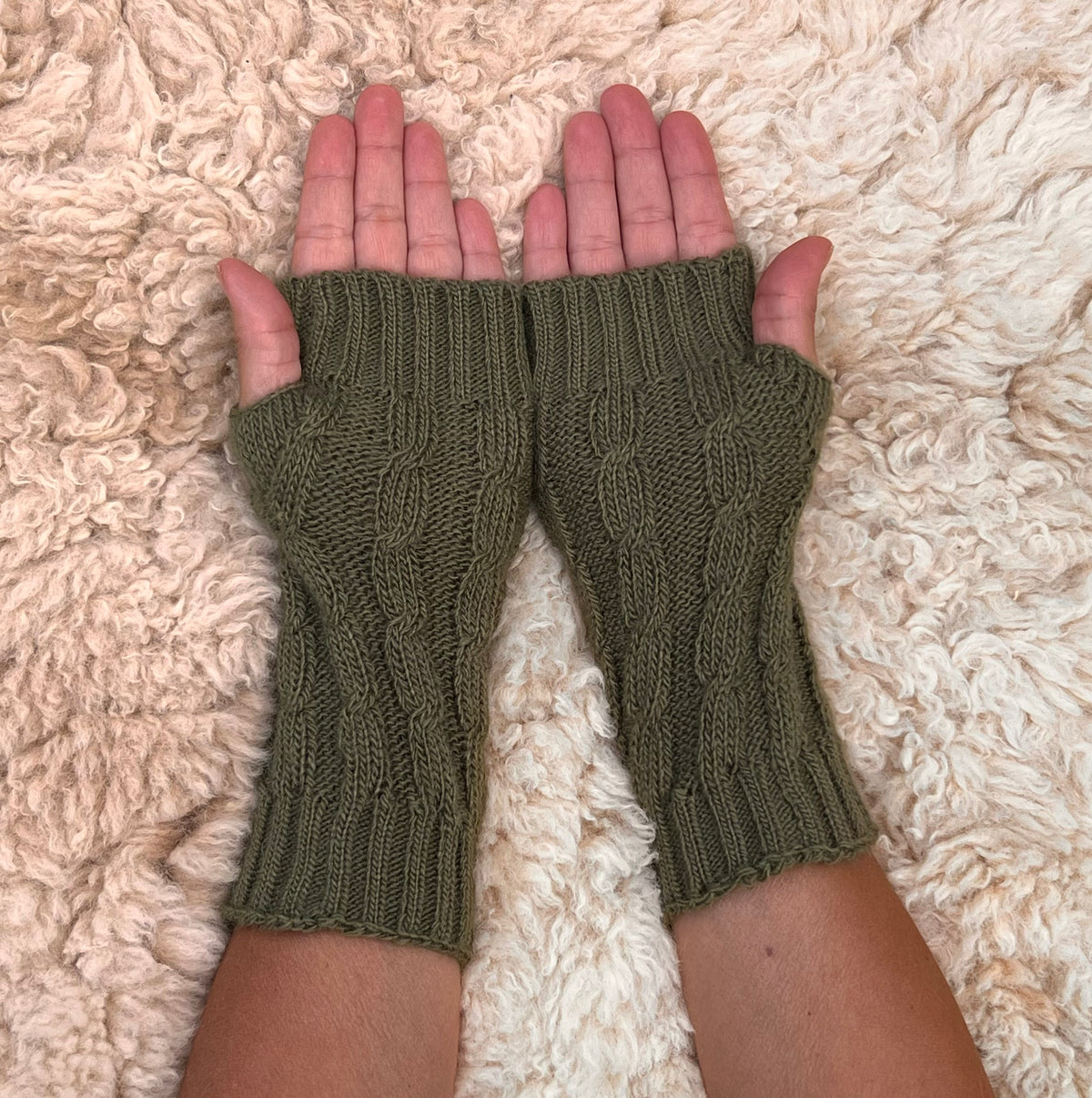 Olive Green Cable Knit Alpaca Fingerless Gloves, photo 4