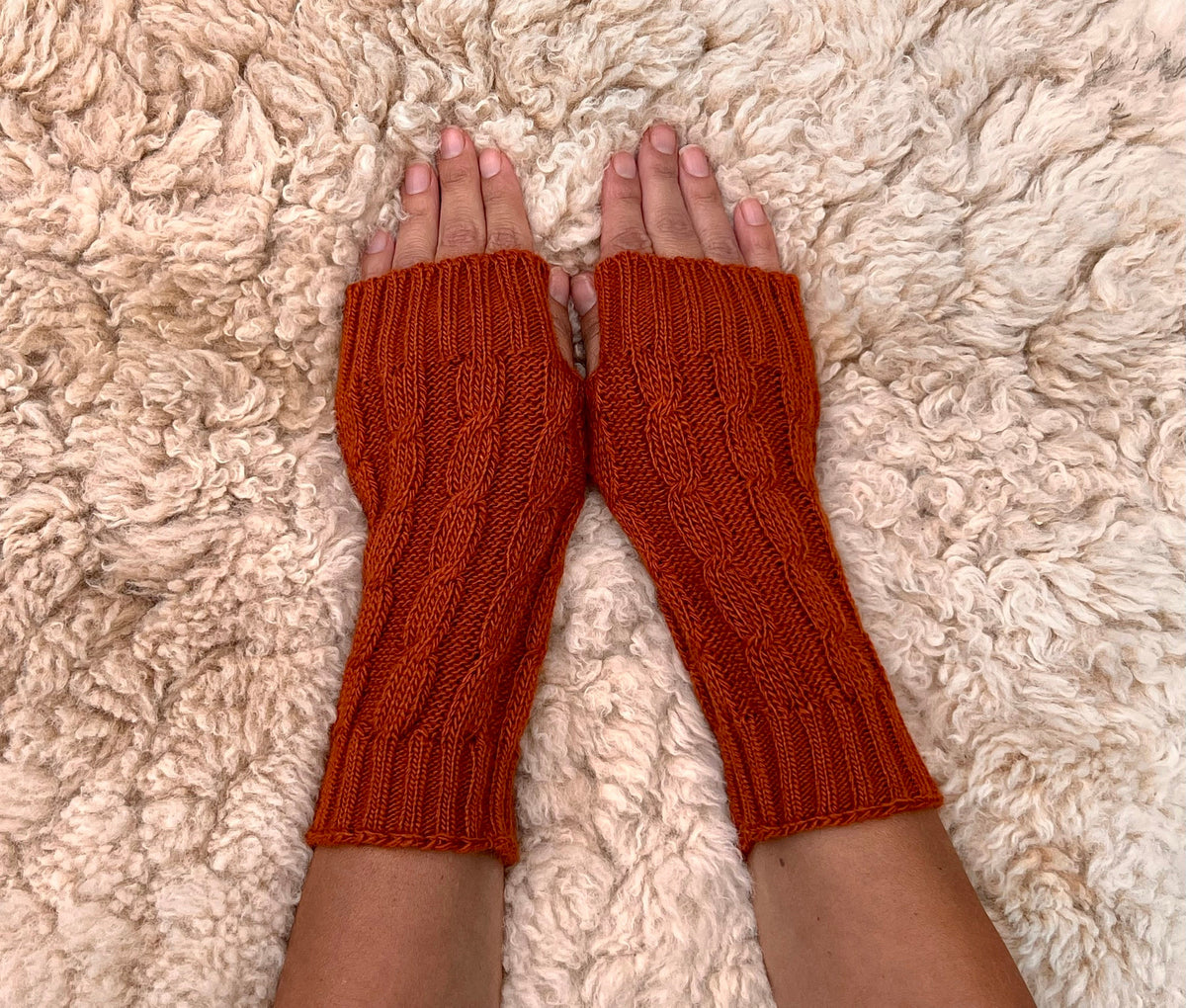 Terracotta Cable Knit Alpaca Fingerless Gloves, photo 4