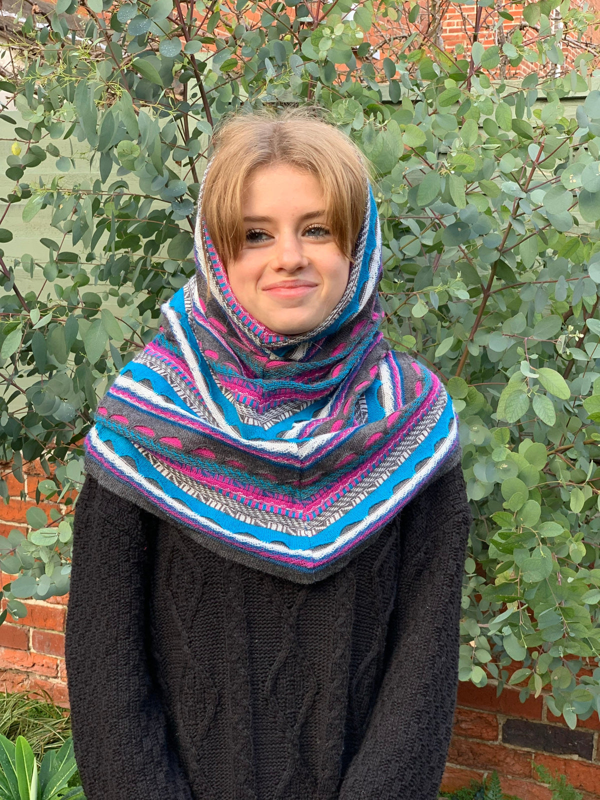 Turquoise & Pink Textured Stripe Alpaca Blend Snood, photo 2